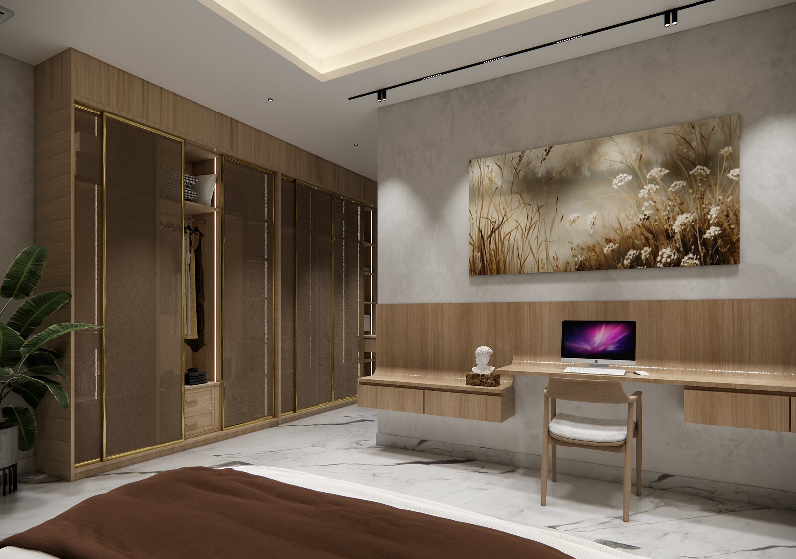 The desk within the panelled wall.