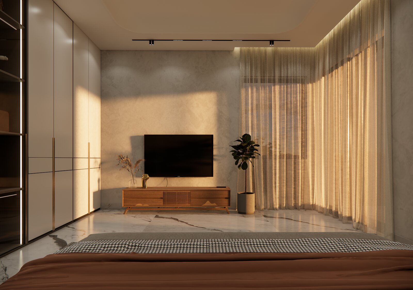 A bed framed by a timber media wall.
