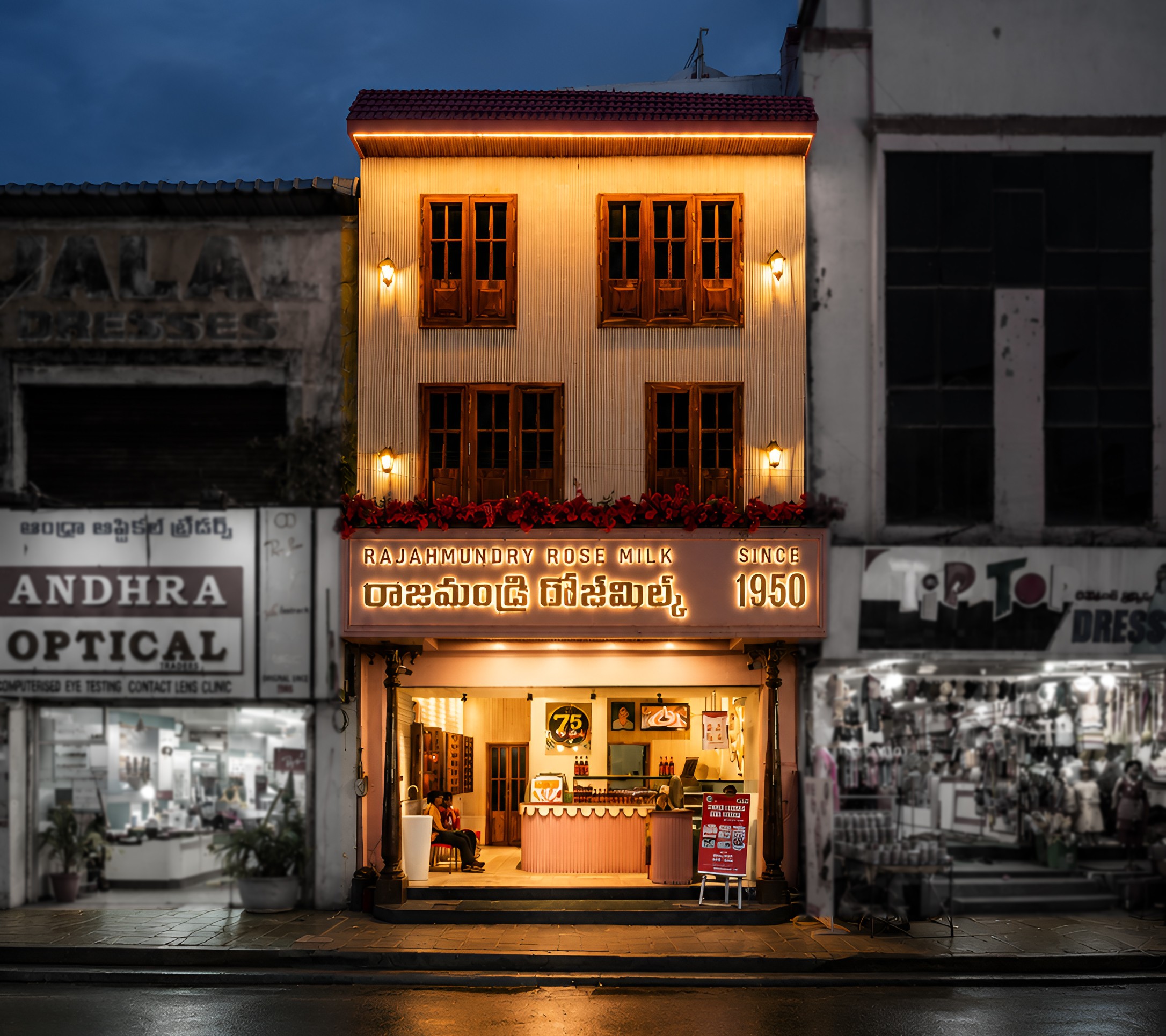 After dark, a customer at the counter.