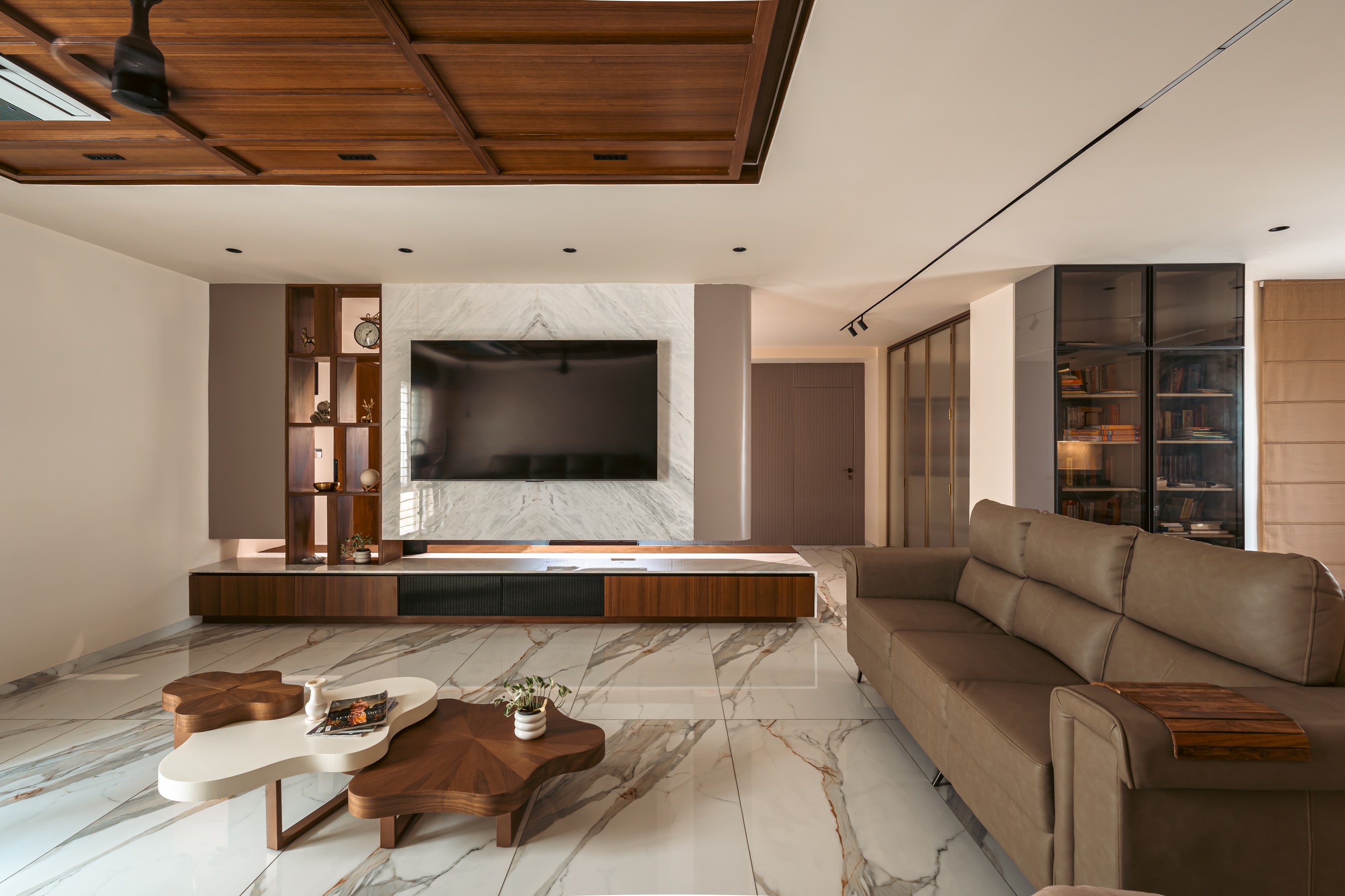 The living room, wide and warm.