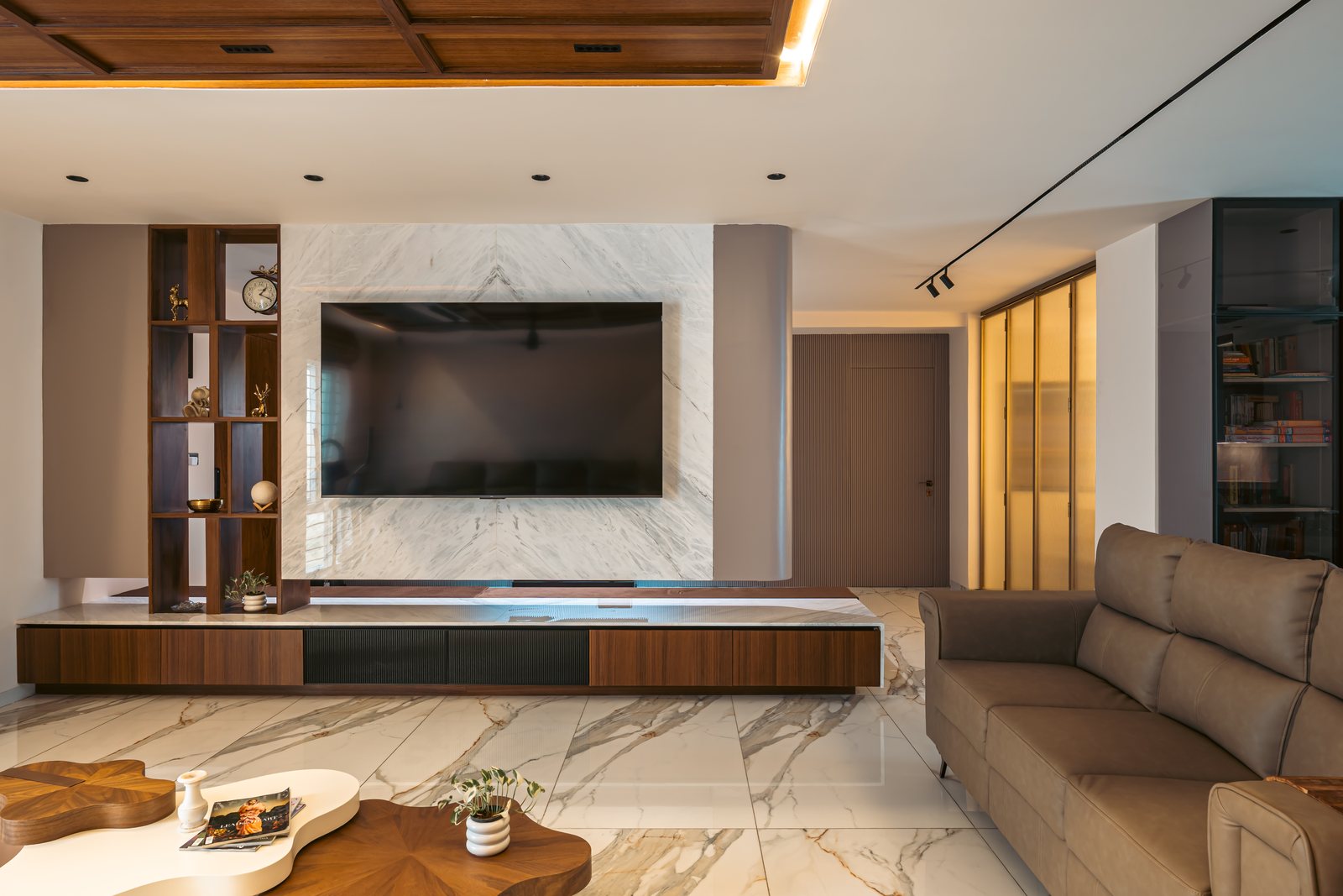 The floating console and stone media wall.