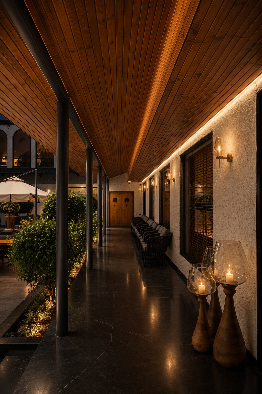 A candle in the corridor at golden hour.