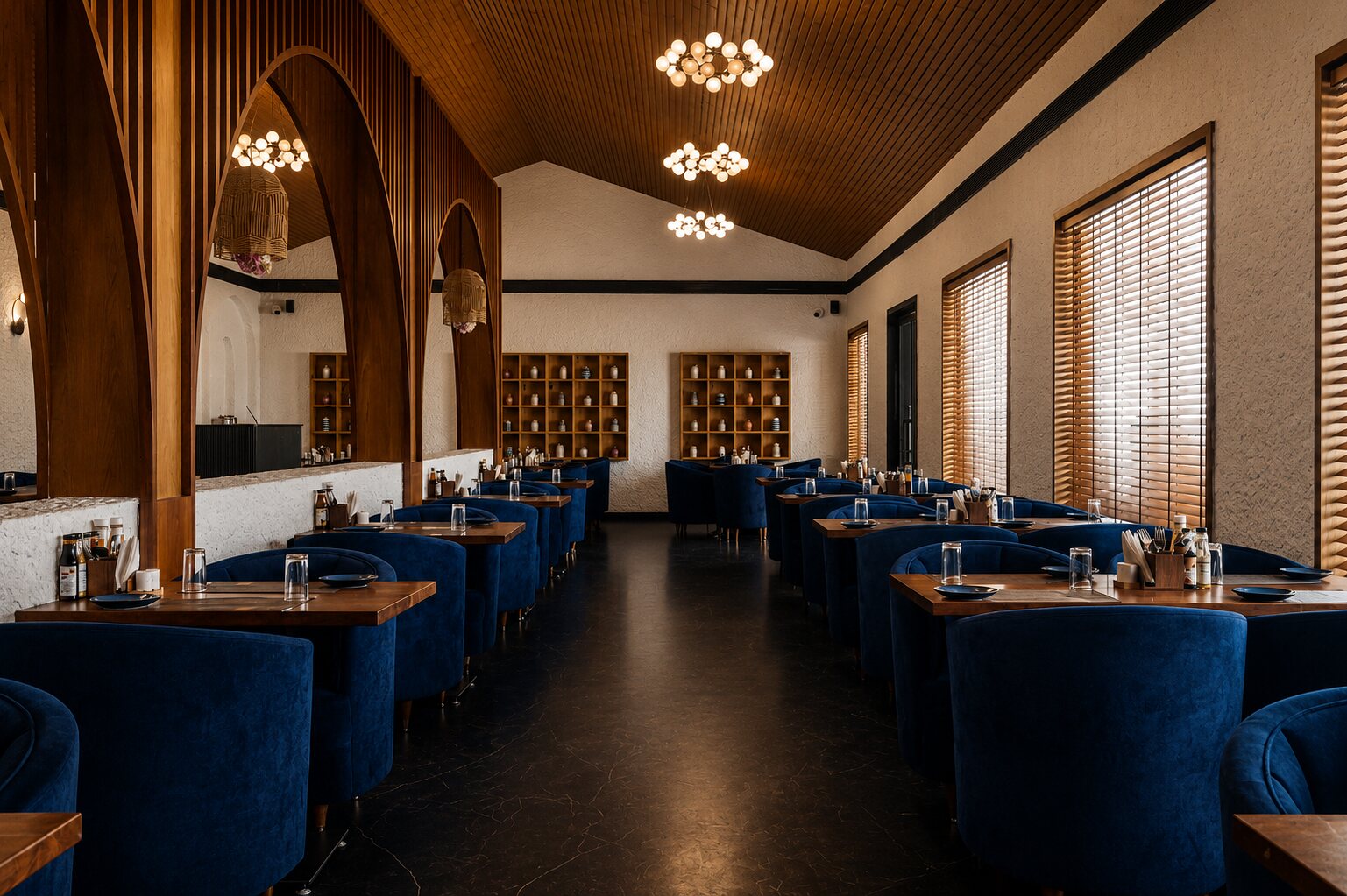The dining room, warm and blue after dark.