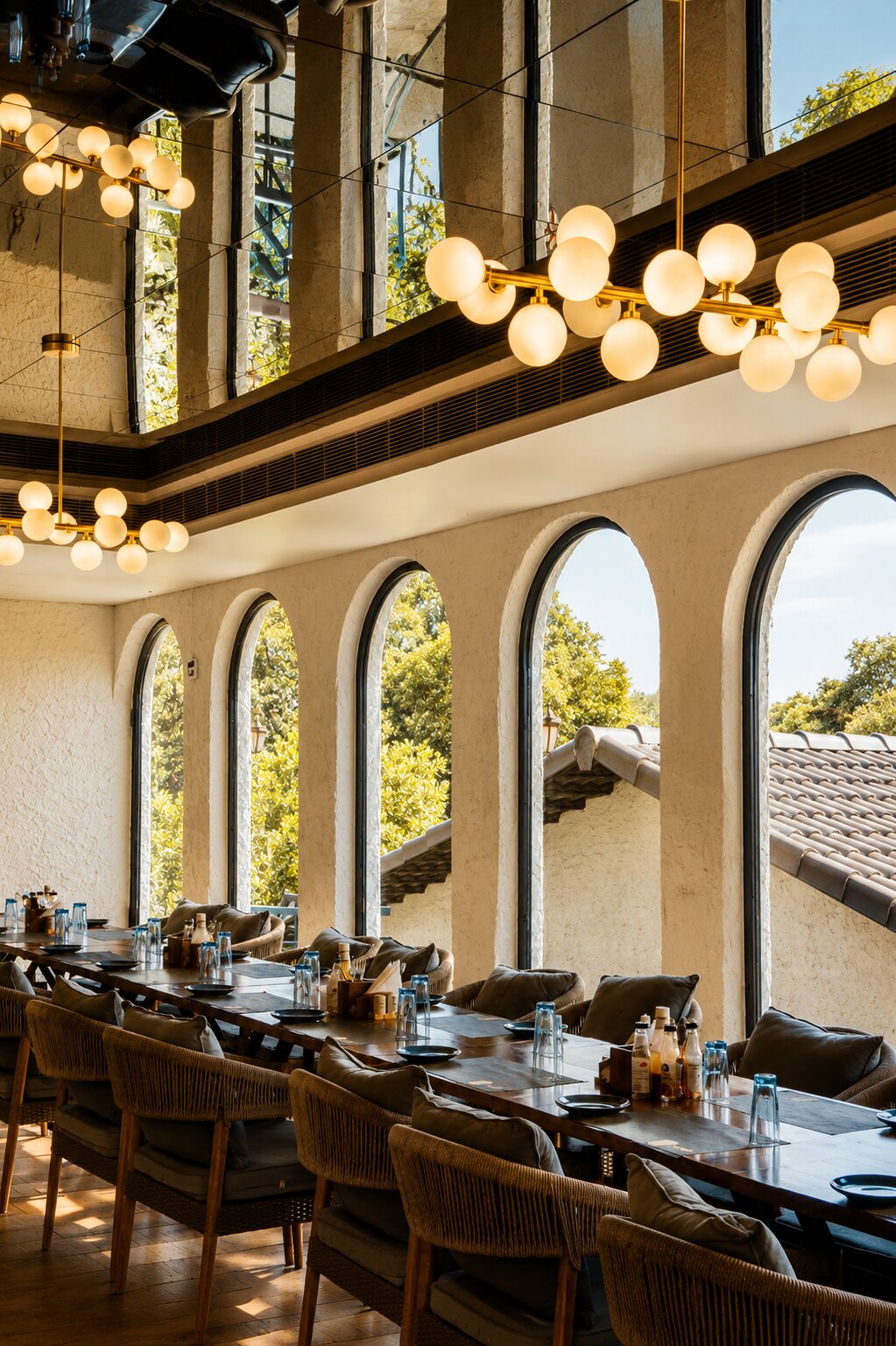 Arched windows and a cluster of glass globes.