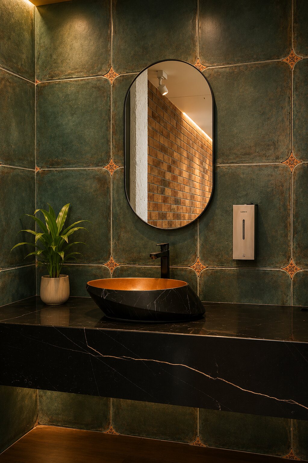 The washroom, green tile and a brass basin.