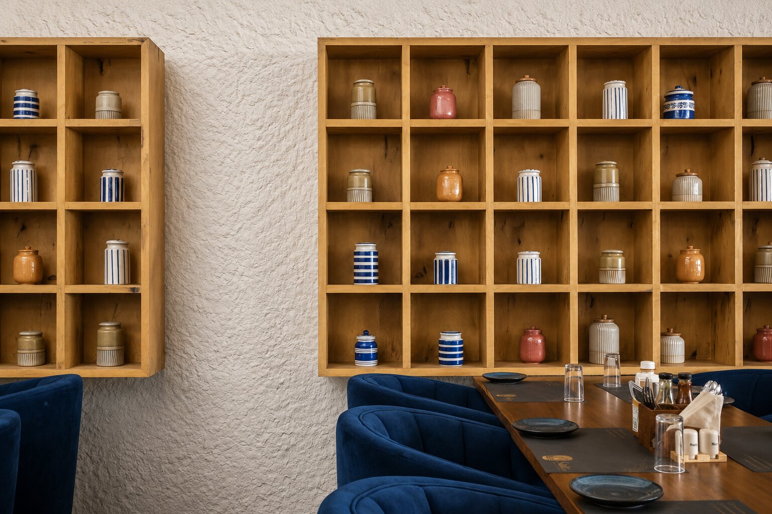 The spice-and-jar shelving wall.