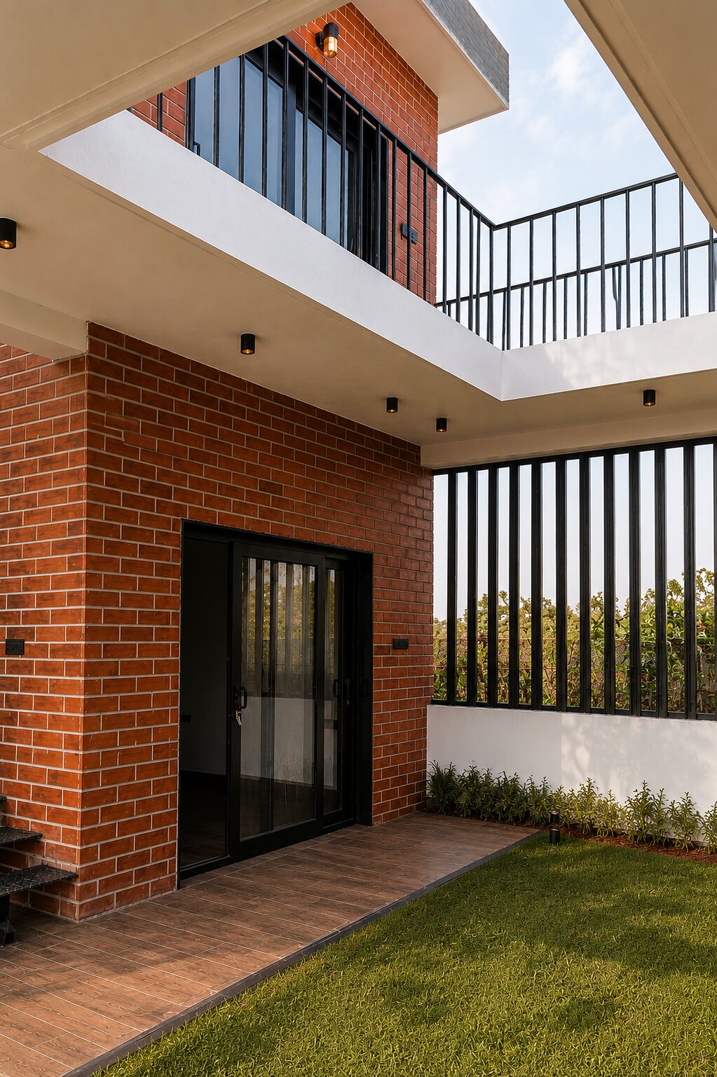 Brick and black steel at the garden corner.