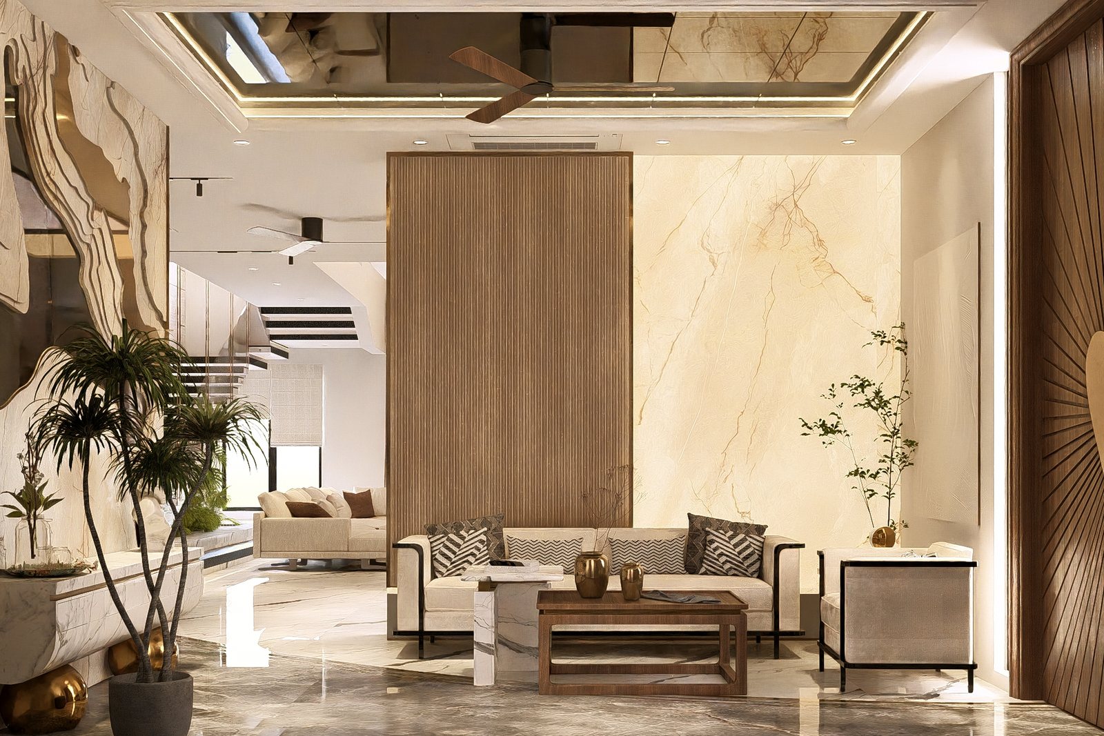 The foyer, a sculpted marble wall and a bust.