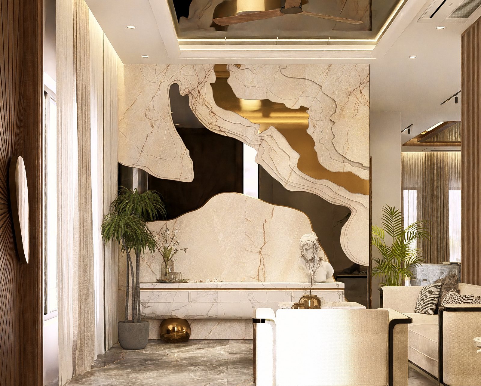 A wave-cut stone feature over the console.