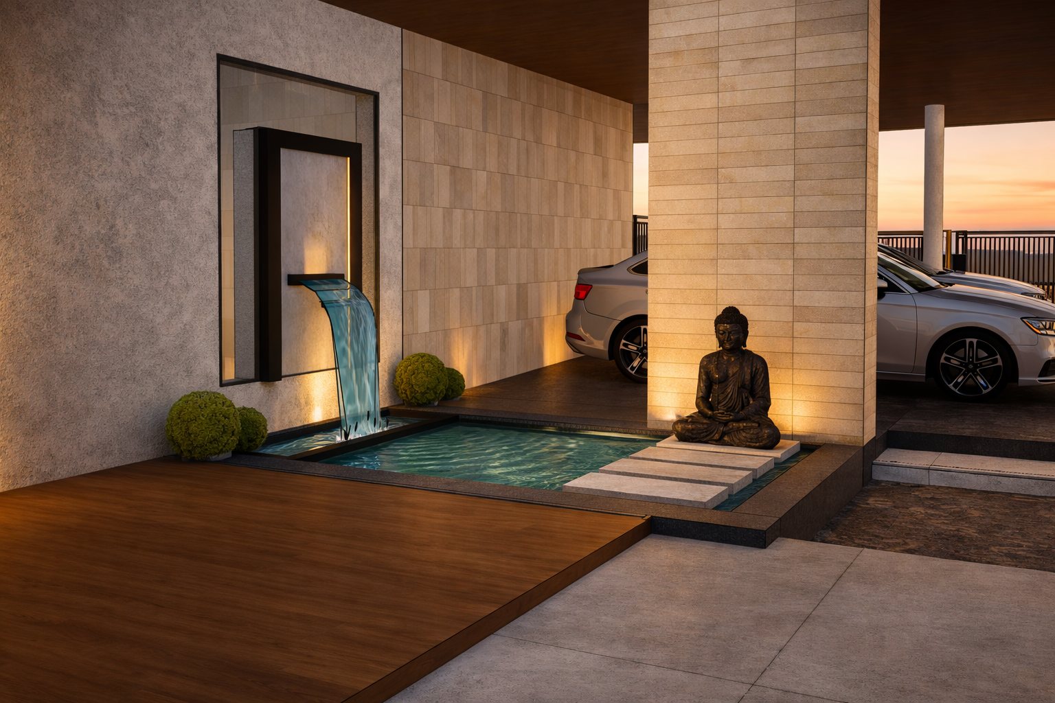 The landscaped court at dusk — water, stone and a seated Buddha.