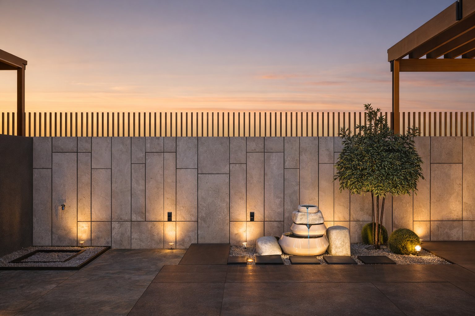 The garden wall lit along its length.