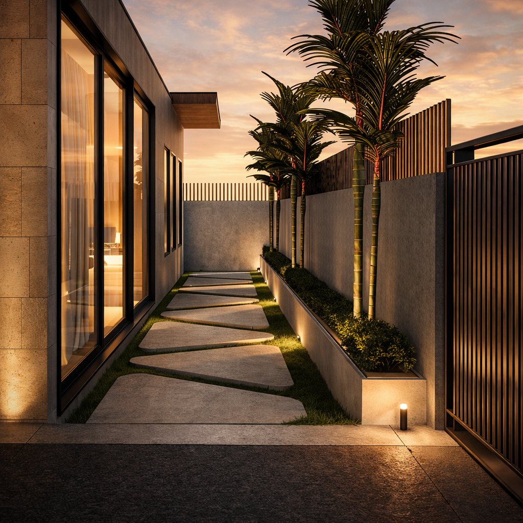 A planted side path to the entrance.