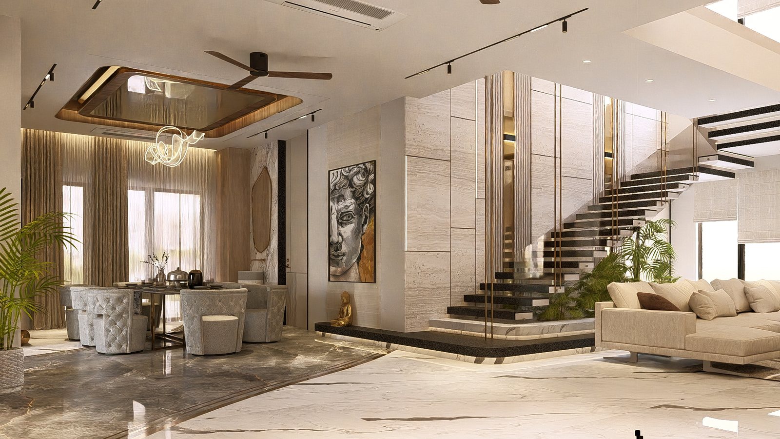 The double-height living hall and its floating stair.