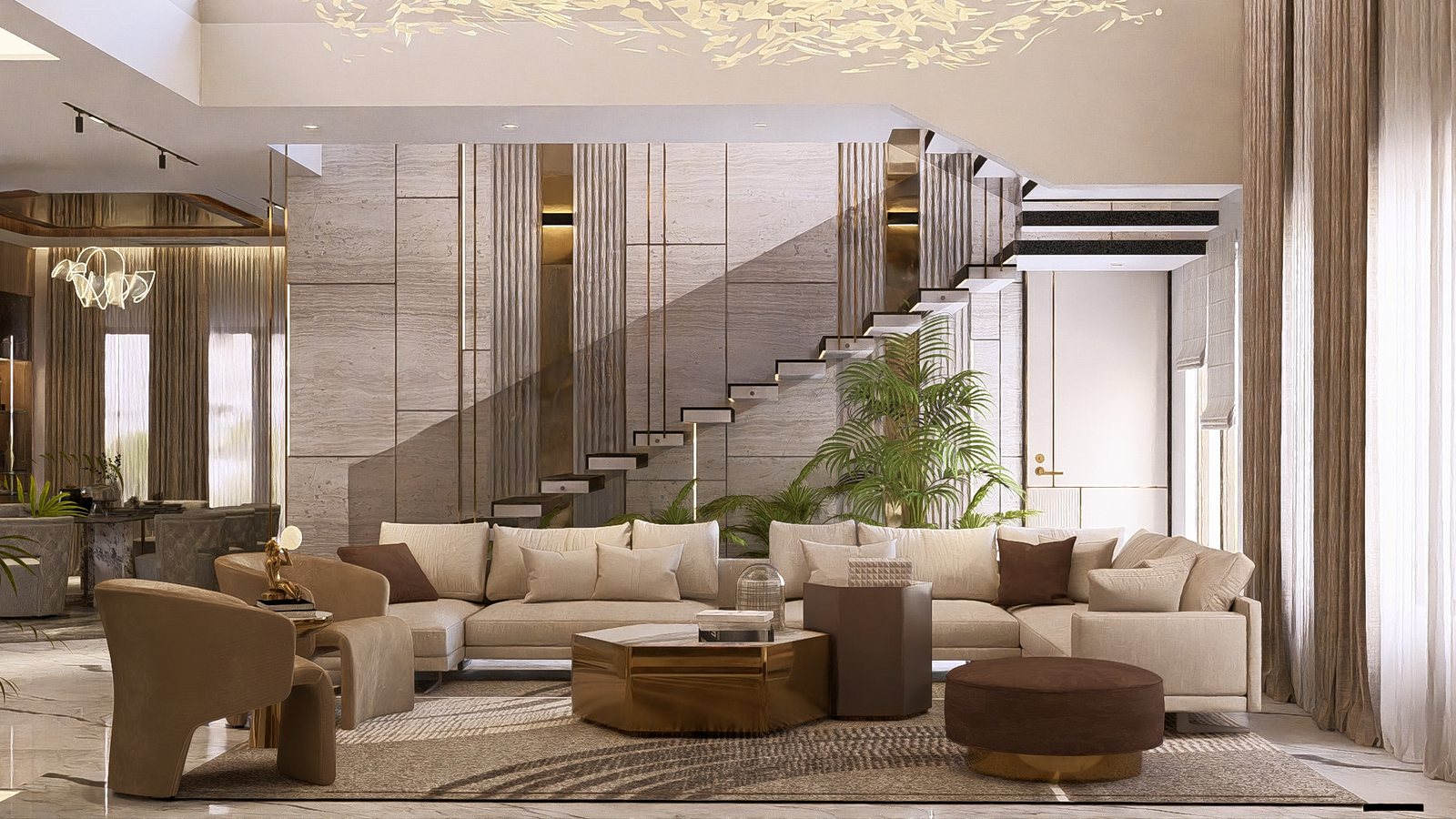 The living room, deep sofas under the mezzanine.