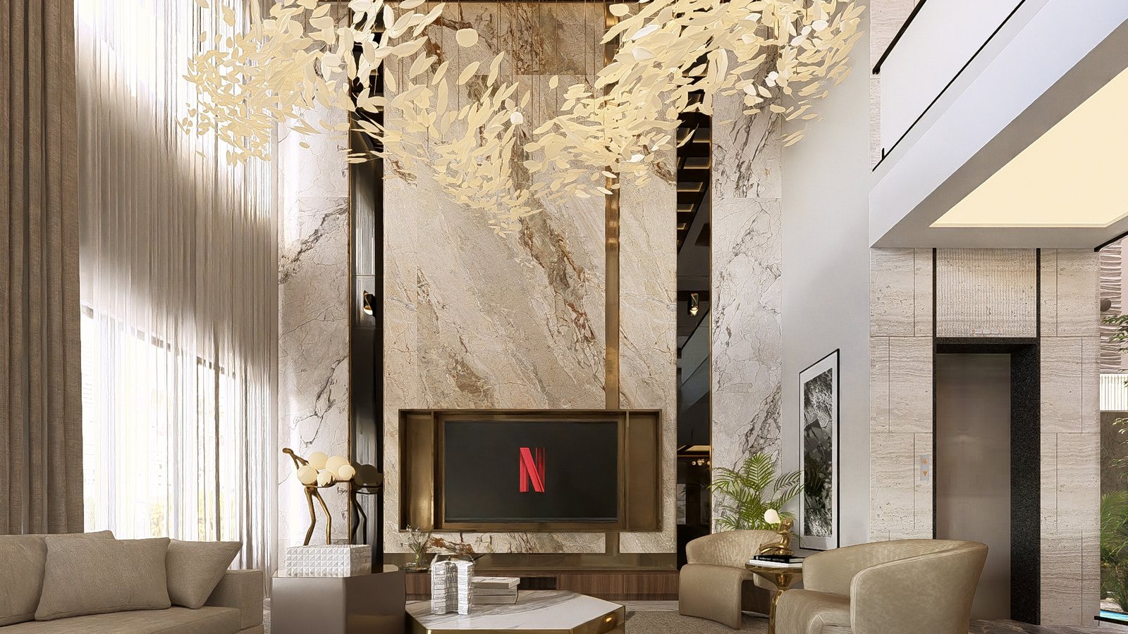 A gilded tree screen behind the media wall.