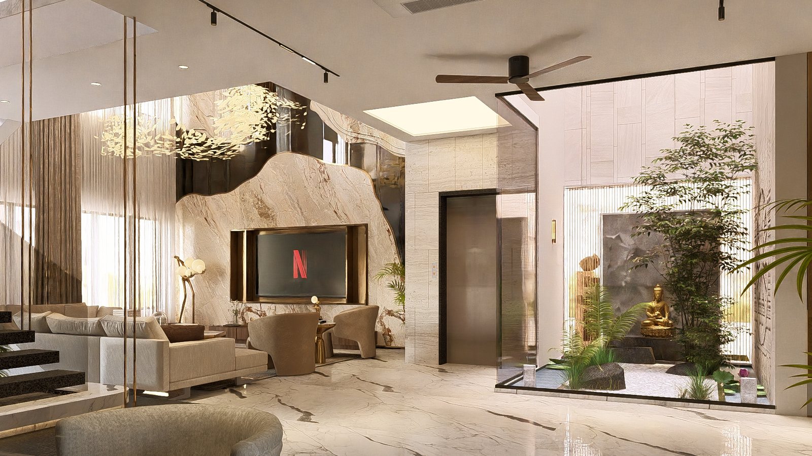 The lounge opens to a lit Buddha court.