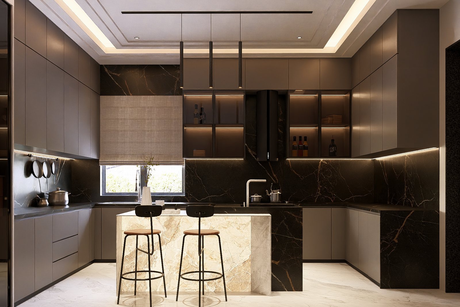 The kitchen, an island under pendant light.