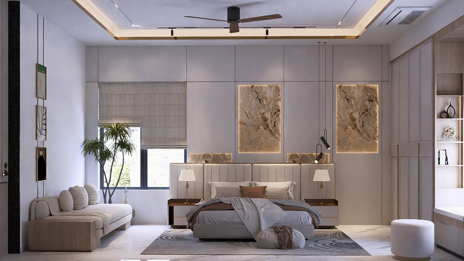 The ground-floor guest room in warm marble.