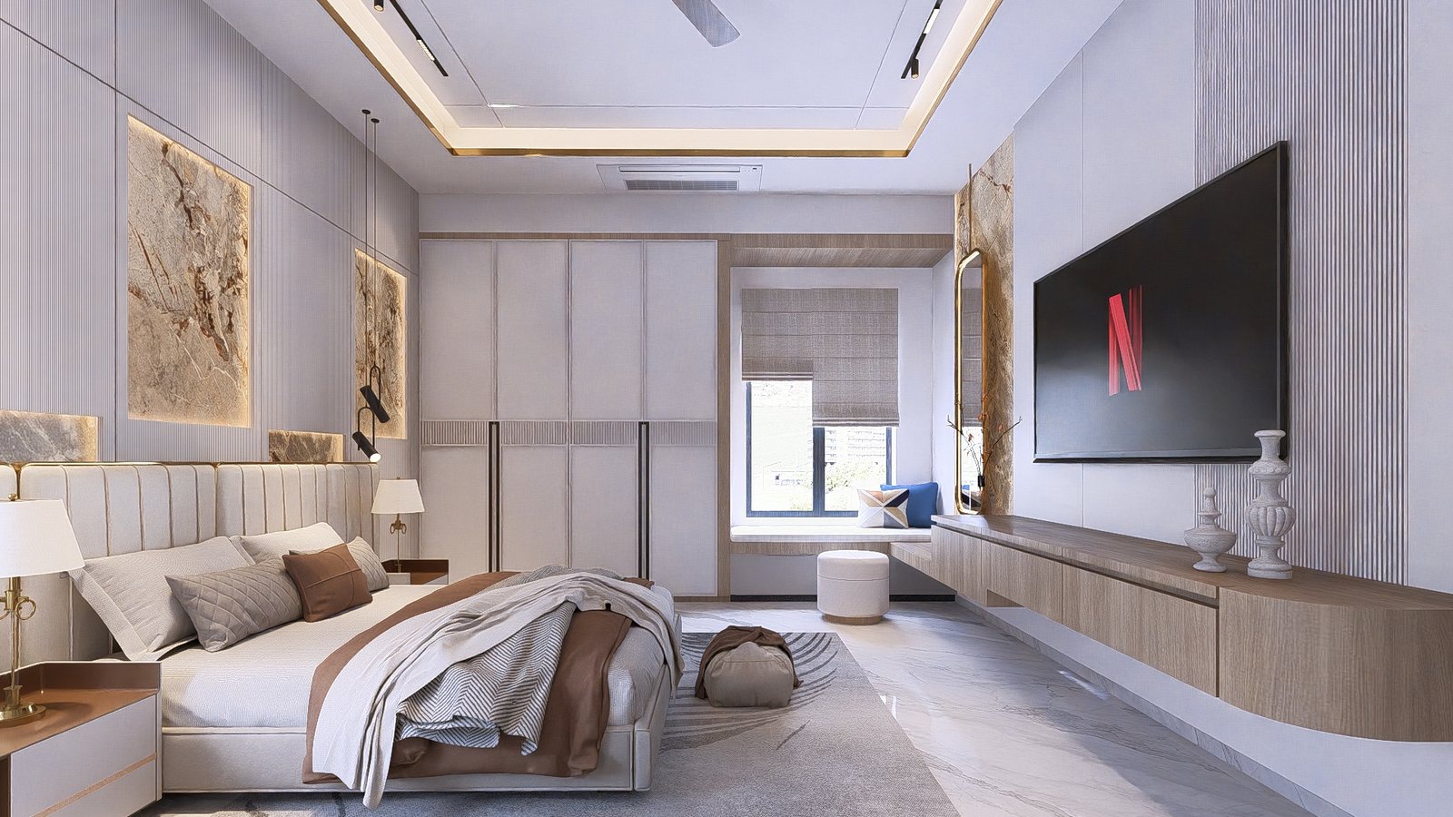 Its media wall and long dresser.
