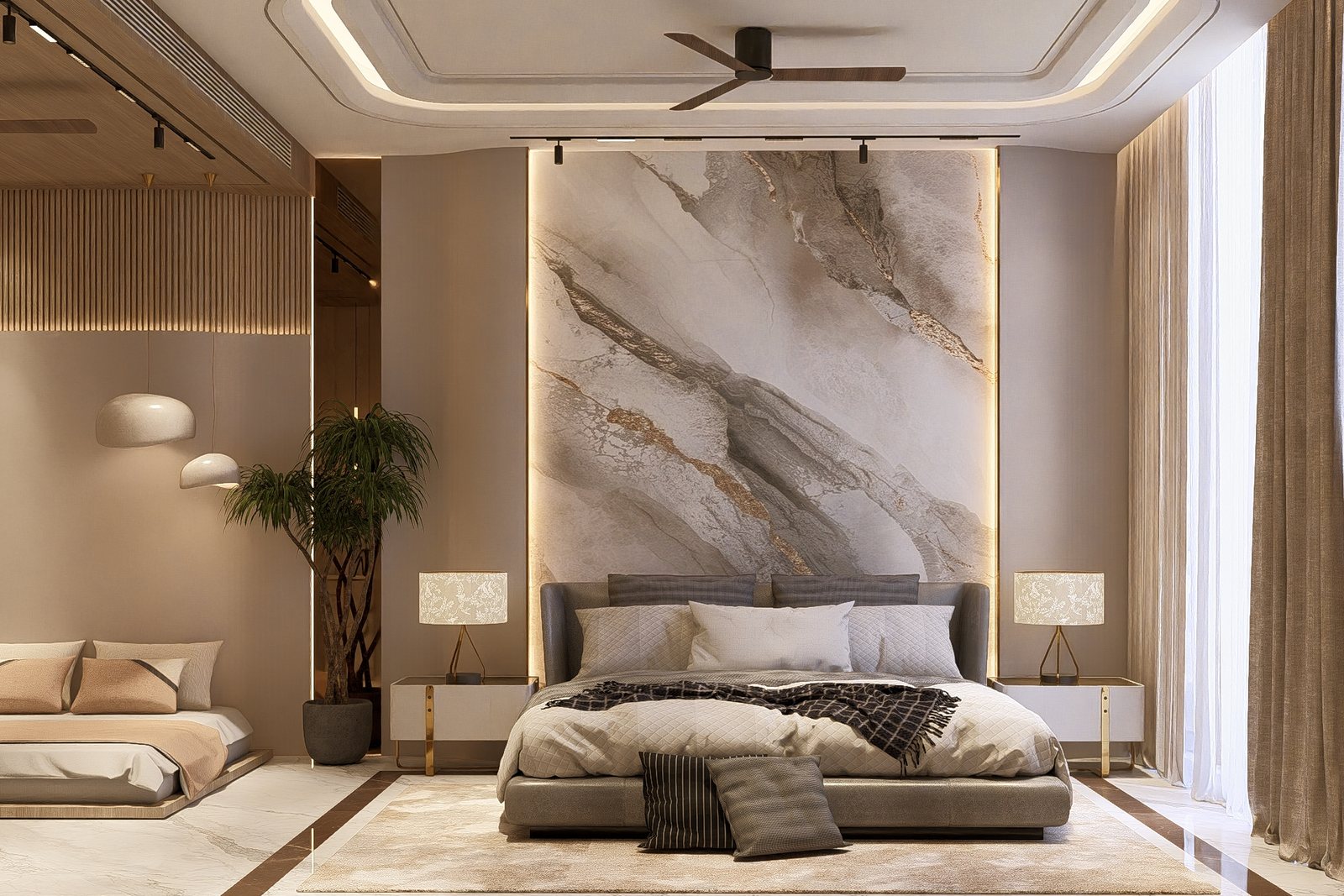 The first master, a marble headboard wall.