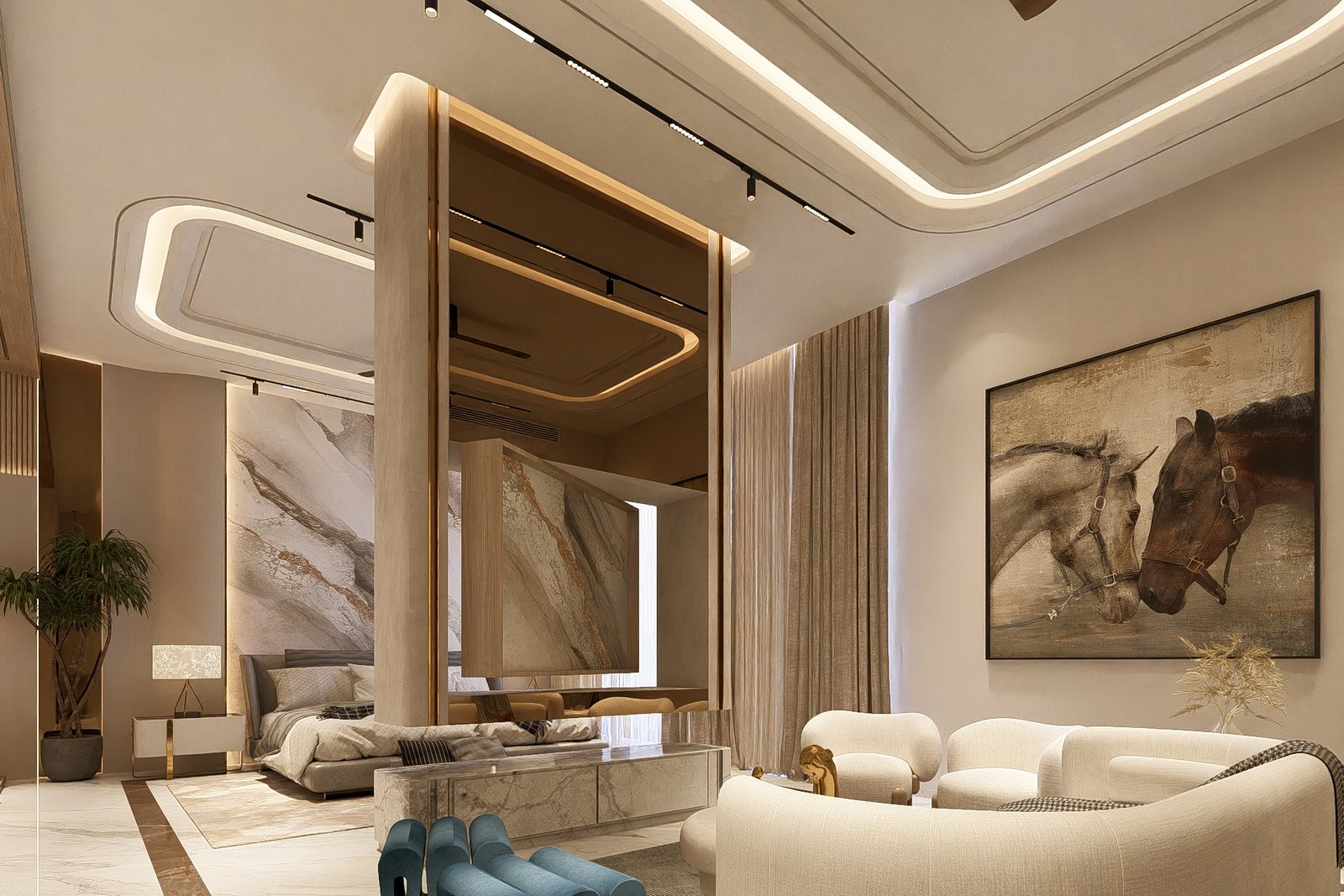 The master's lounge and dressing beyond.