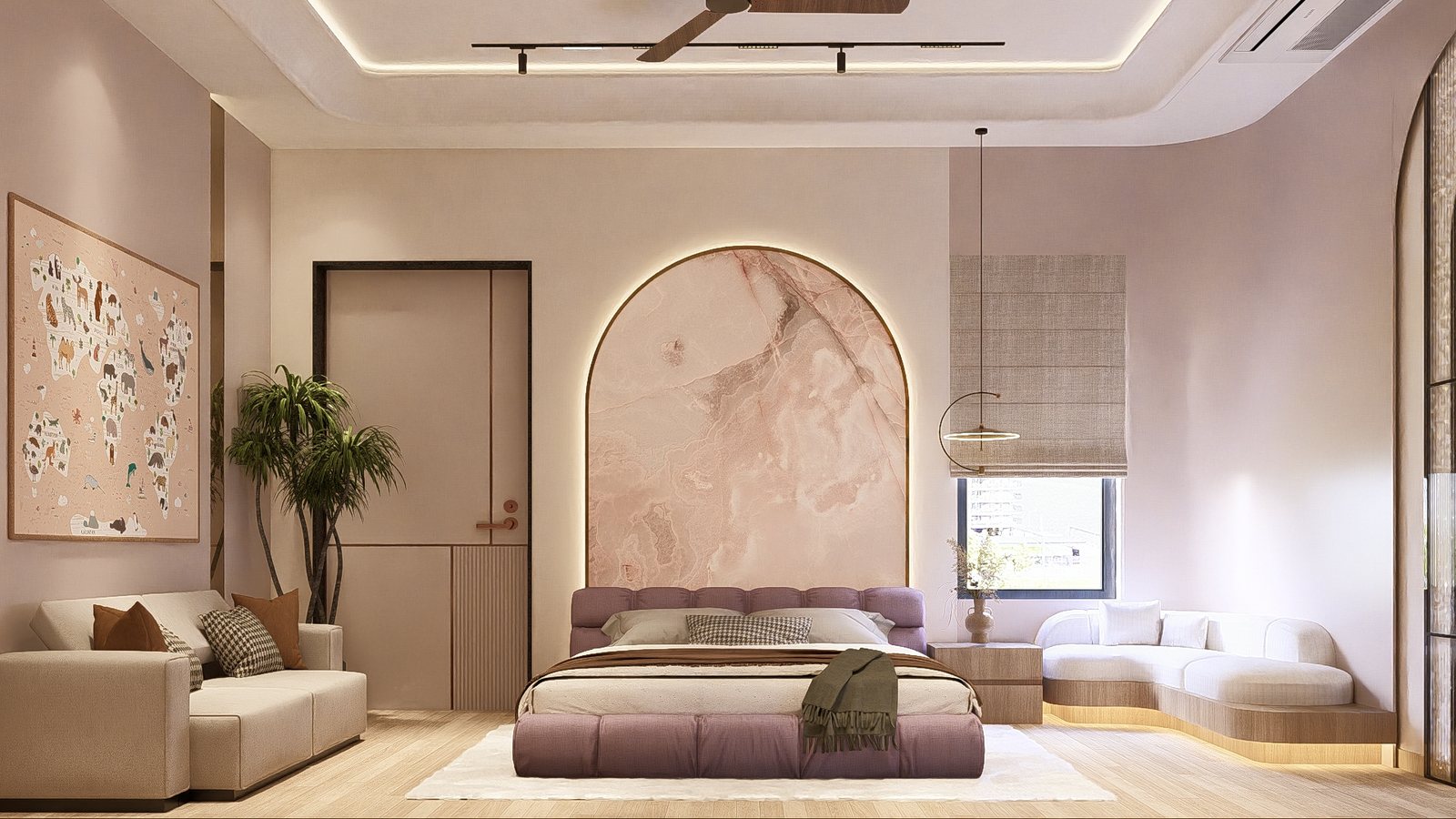 The sister's room, blush and arched stone.