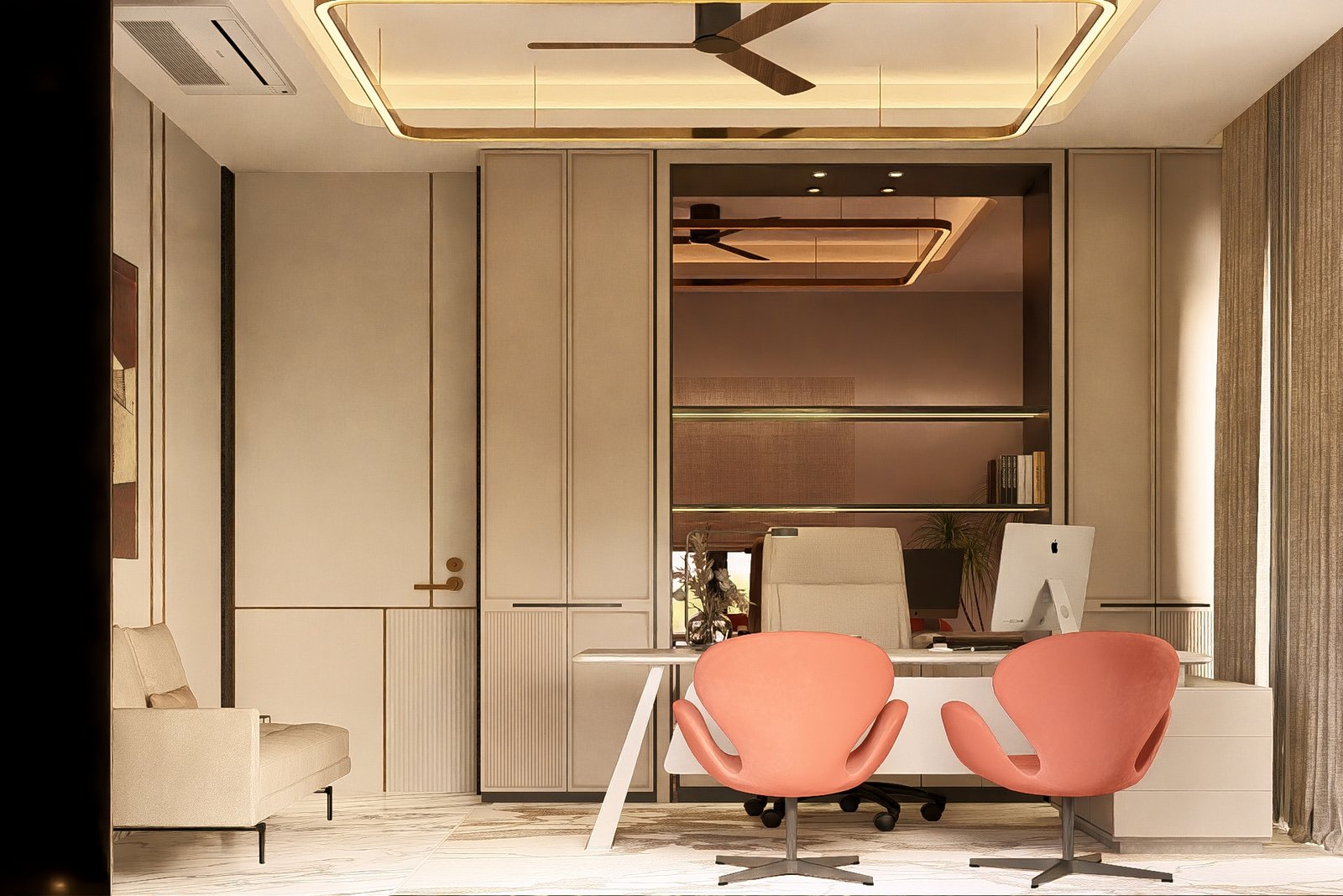 The home office, swan chairs at the desk.