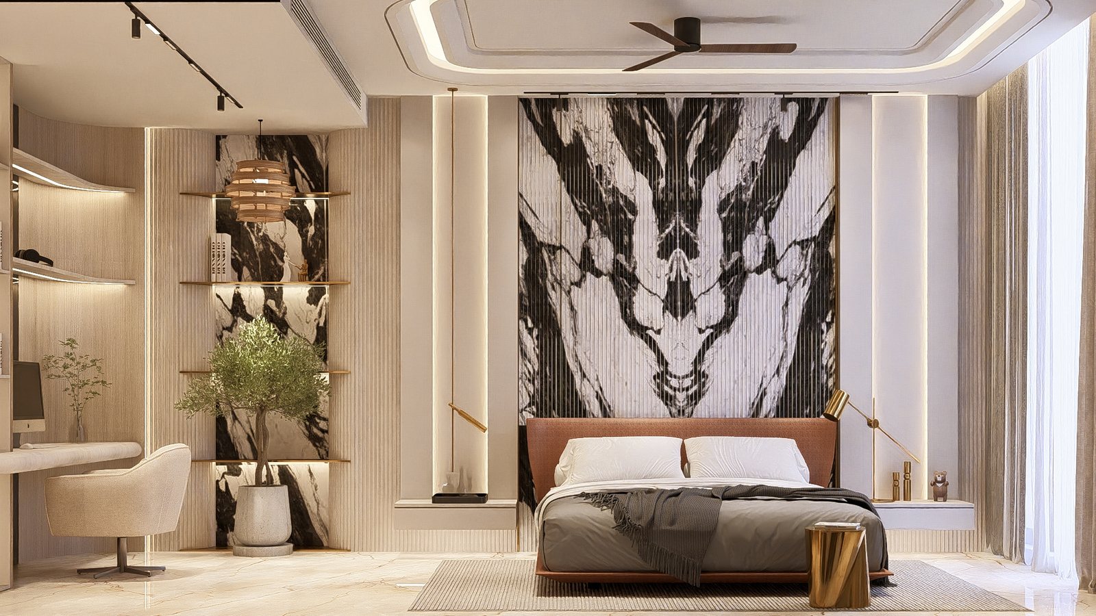 The upper master, a dramatic veined-marble headboard.
