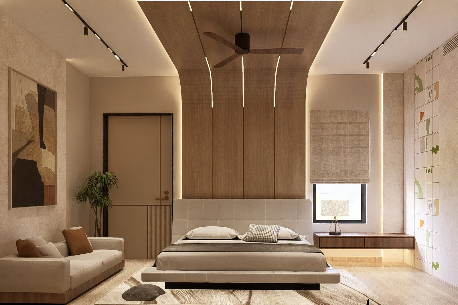 A child's room under a curved timber ceiling.