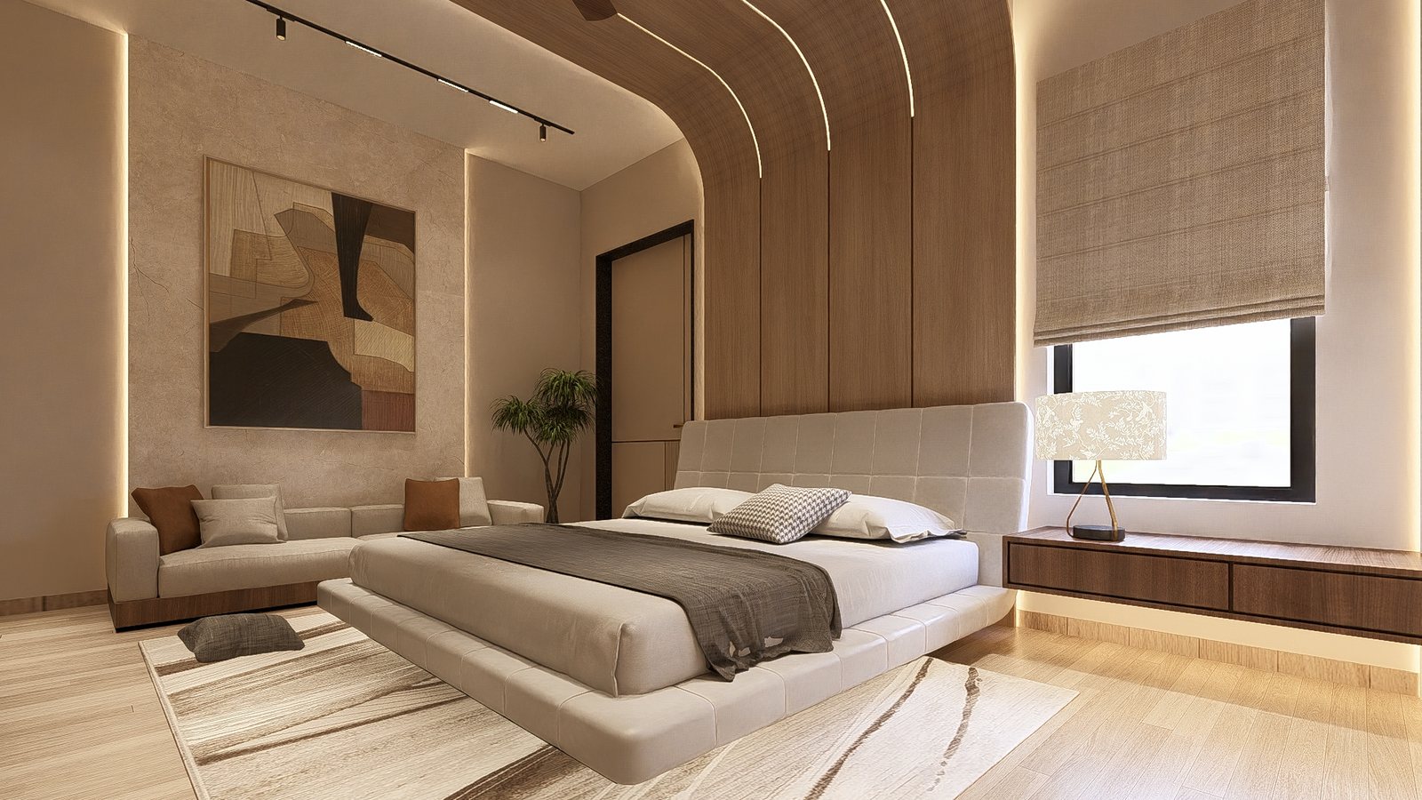 Bed and study beneath the curved soffit.