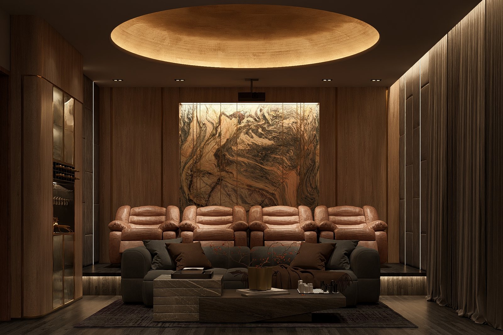 The home theatre, tiered recliners under a gold ring.