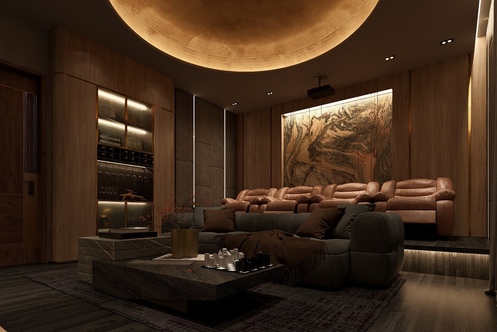 Leather seats face the wide screen.