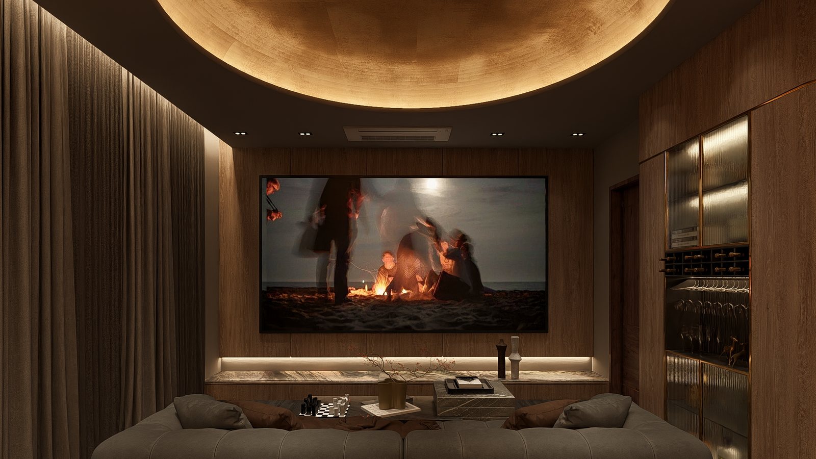 A stone mural glows beside the screen.