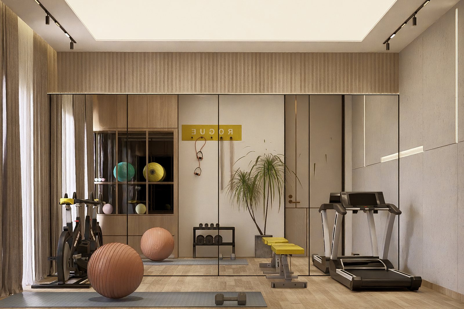 The home gym, mirrored and equipped.