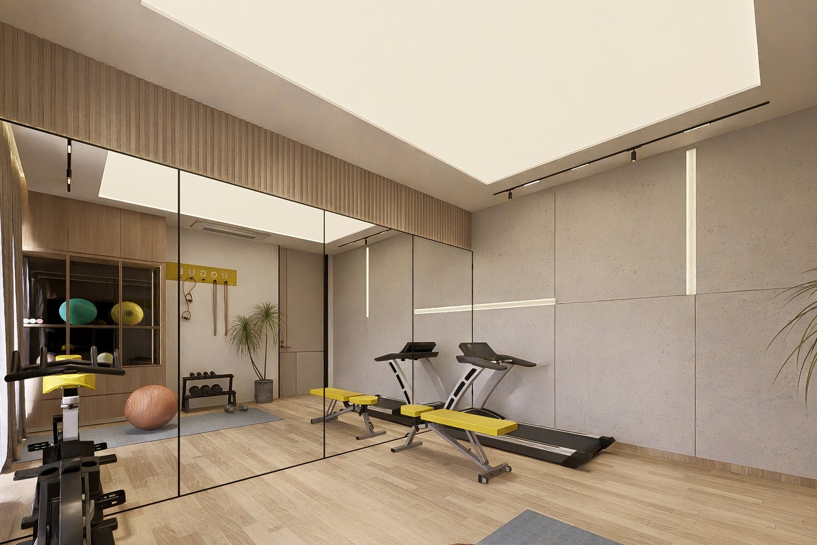 Treadmill and free weights by the window.