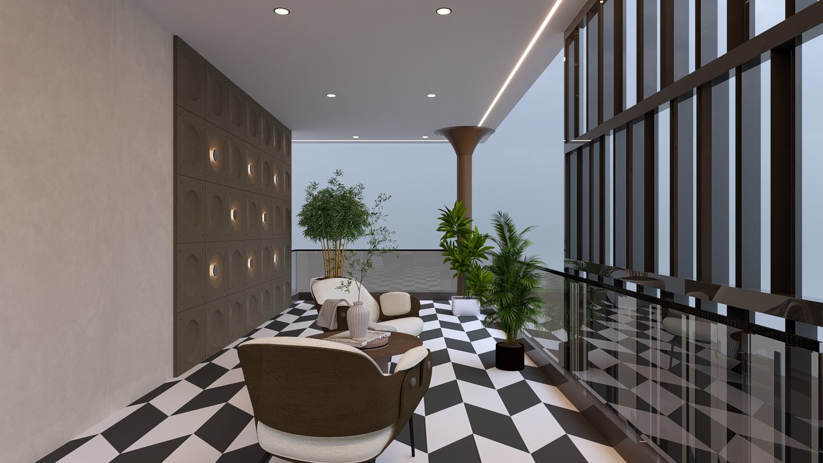 The first-floor balcony, a medallion wall over checkered stone.