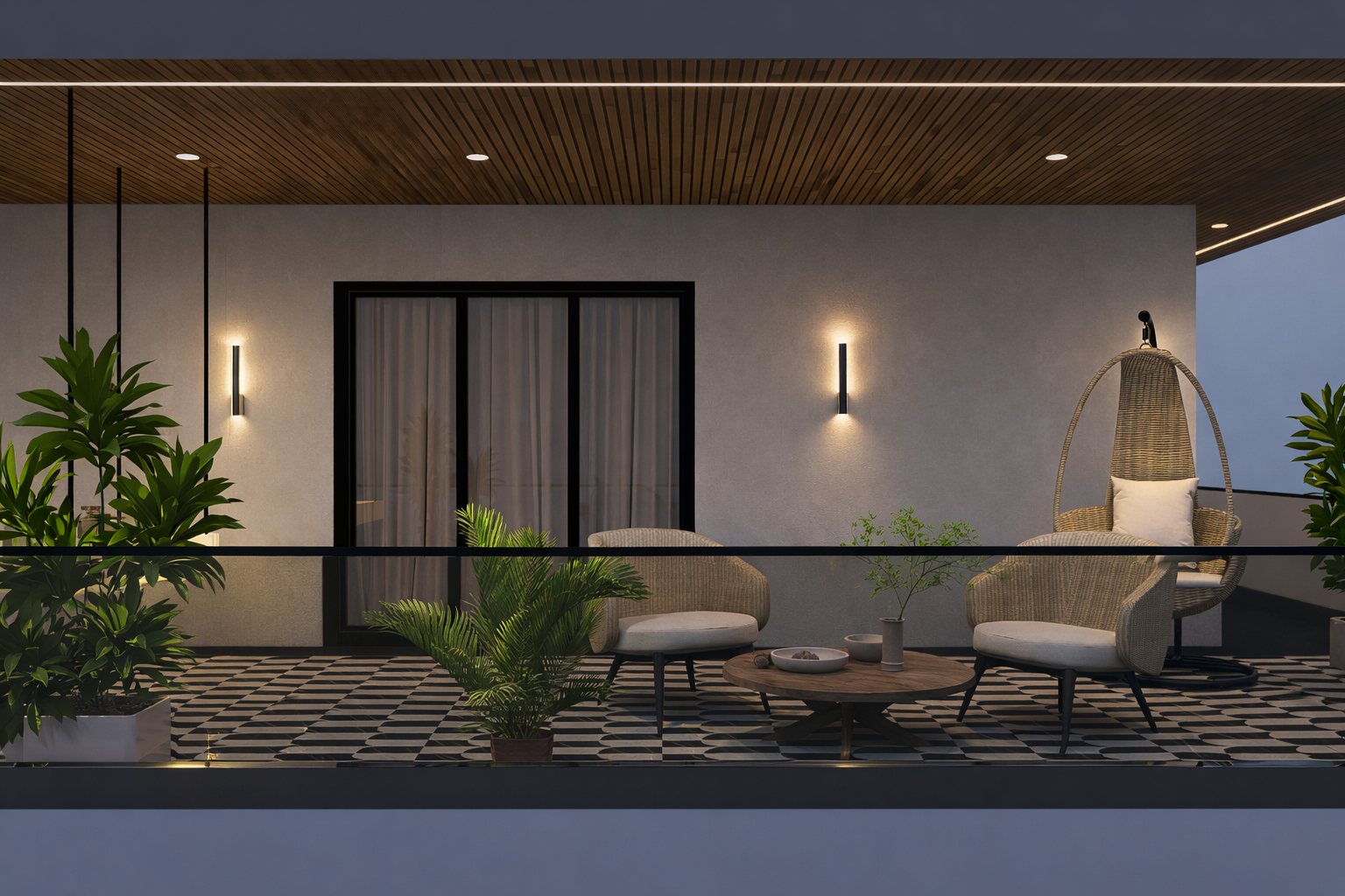 The upper terrace lounge at dusk.