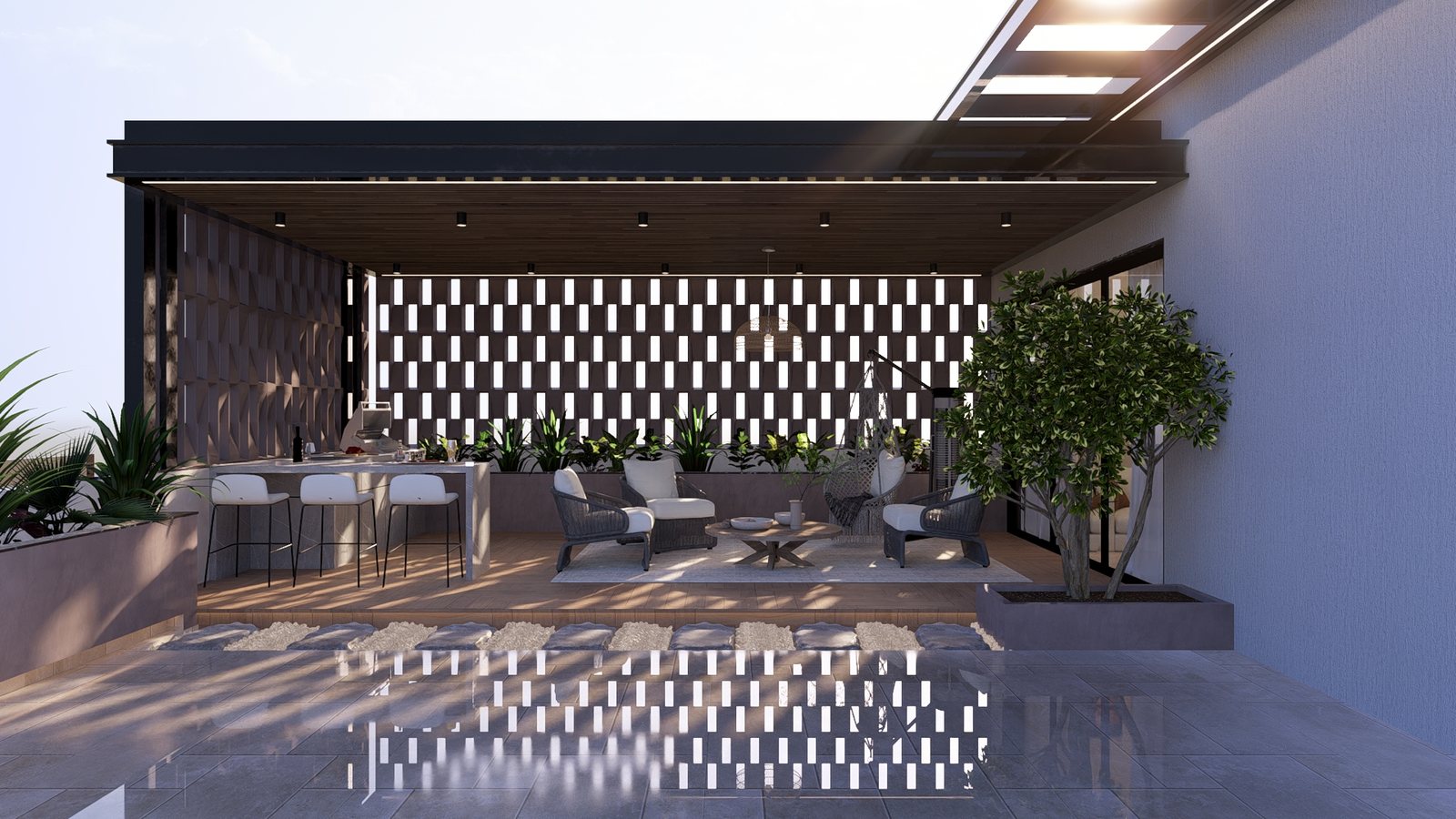 The terrace room, seating beside a still pool.