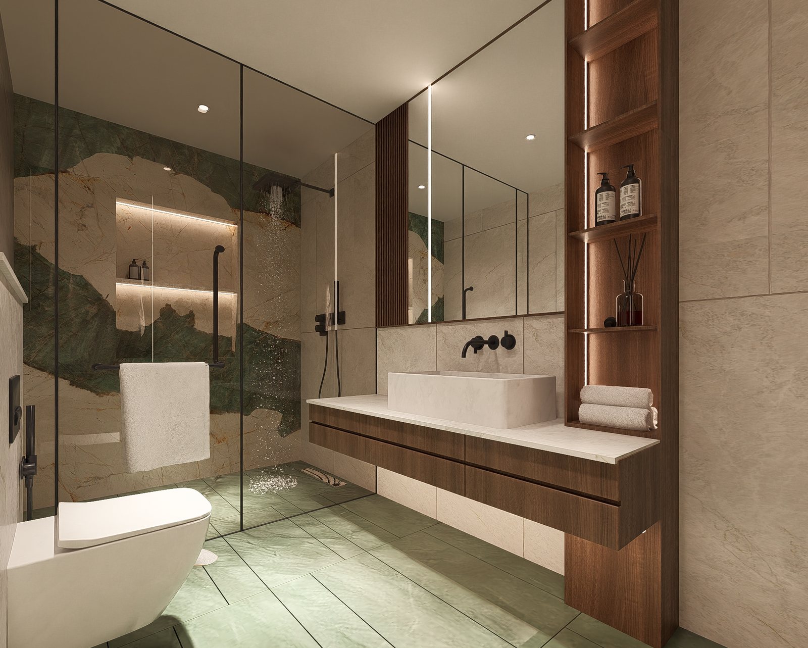 The guest bath in green marble and glass.