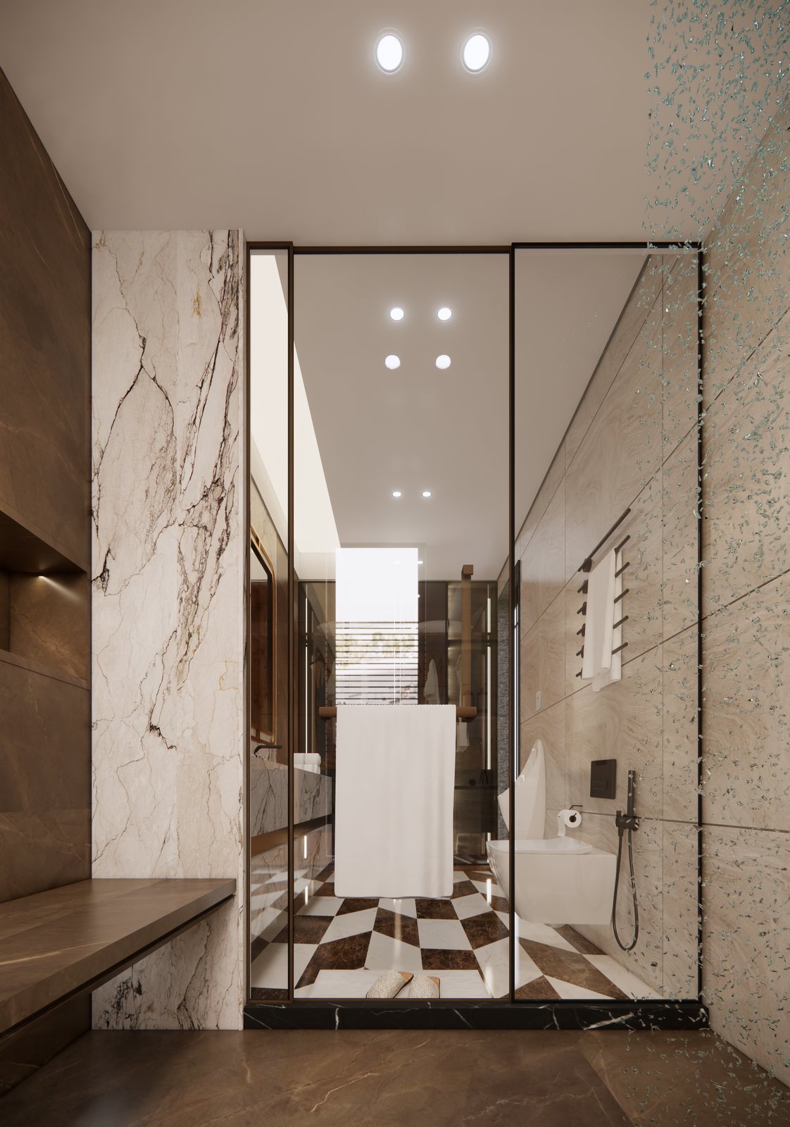 The master bath in marble and brass.