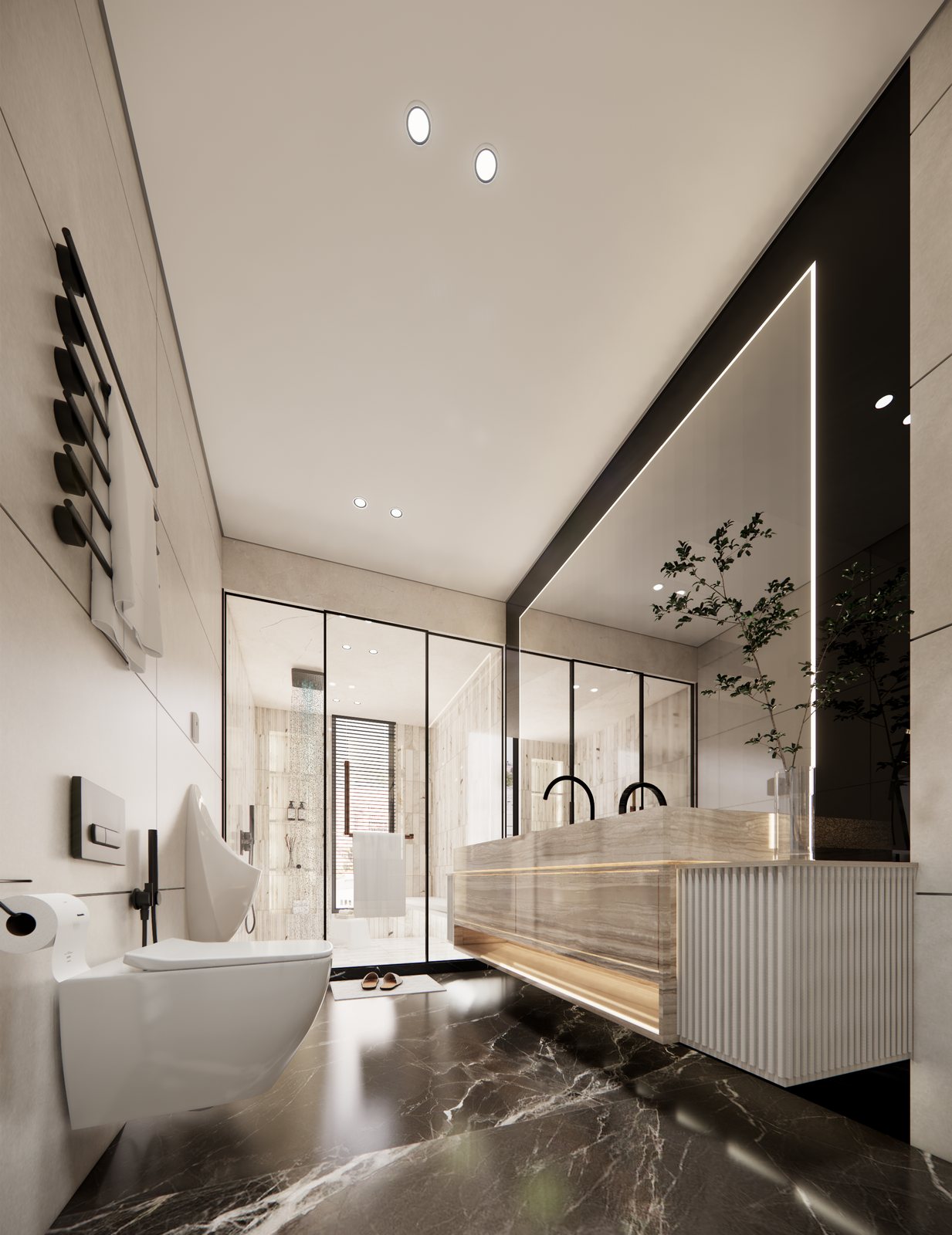 A glass-walled shower and stone vanity.