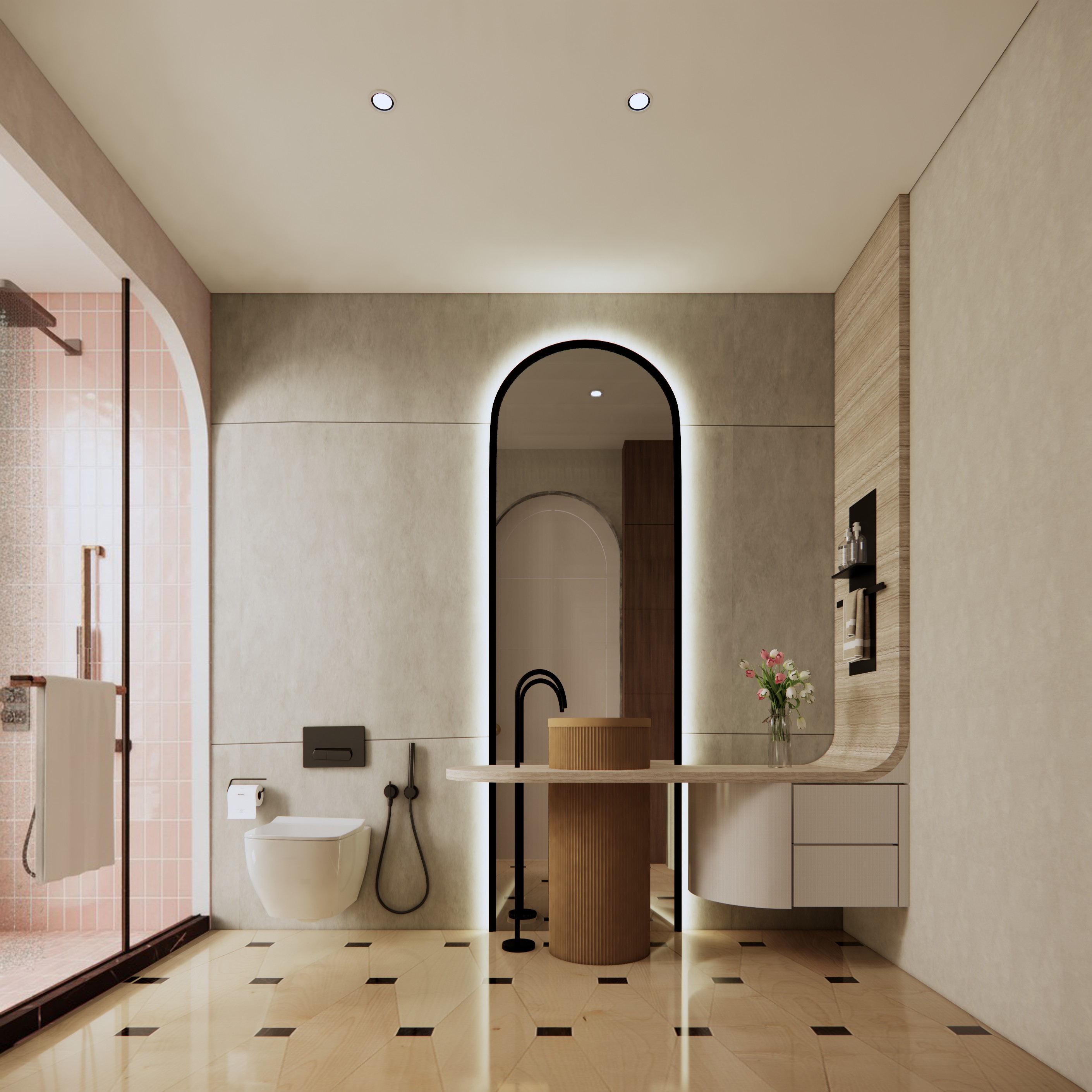 The sister's bath, an arched mirror.