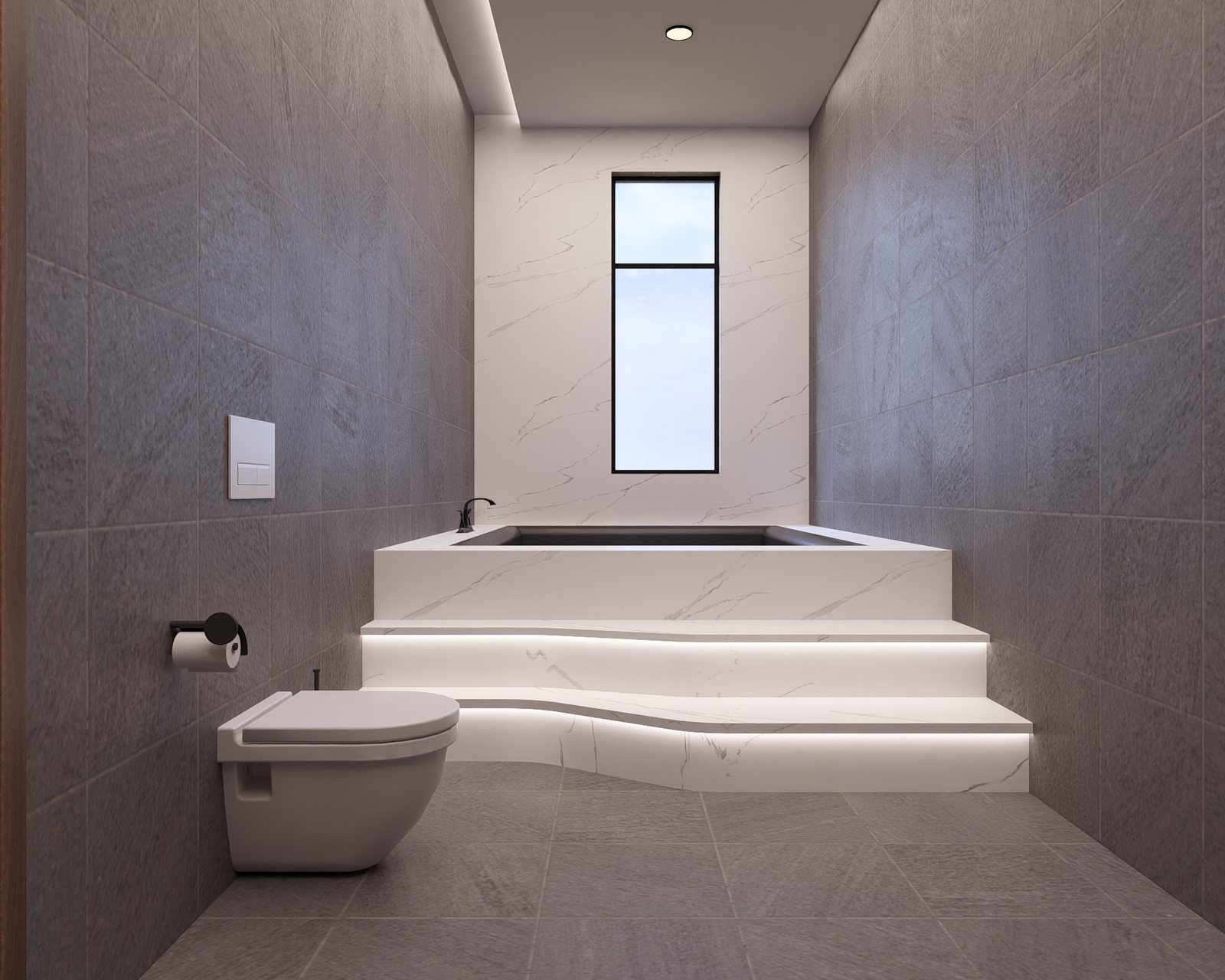The terrace bath, a stone tub under a high window.