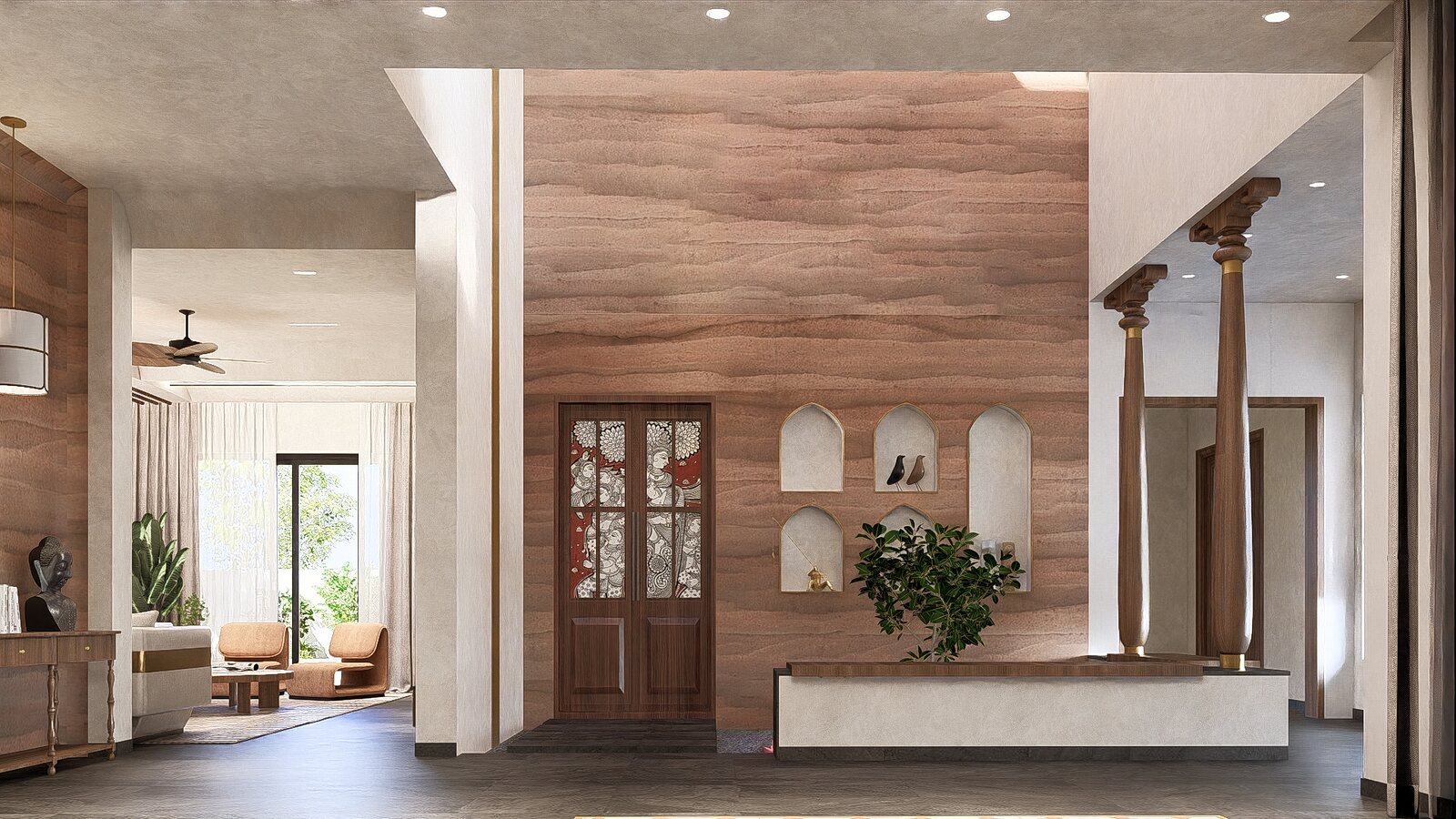 The foyer, a timber door between stone columns.