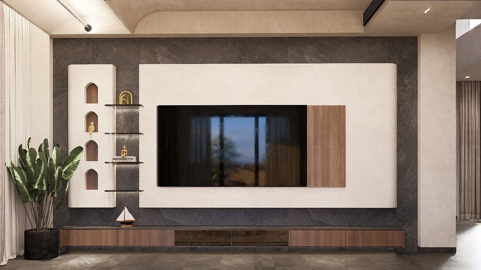The media wall in walnut, framed by niches.