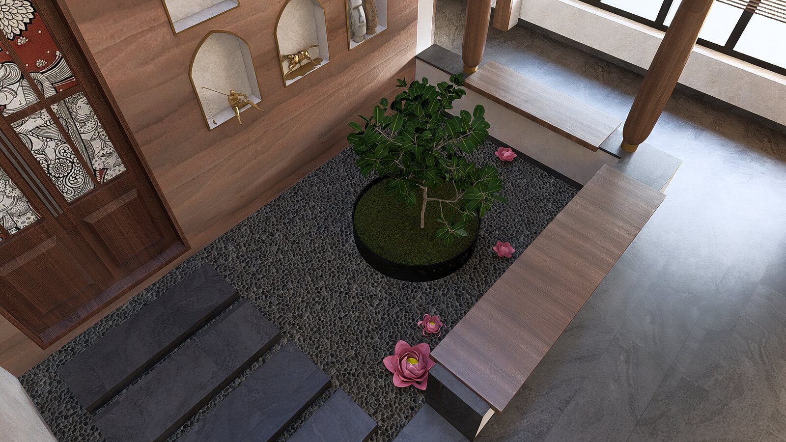 The inner courtyard, a timber deck open to the sky.