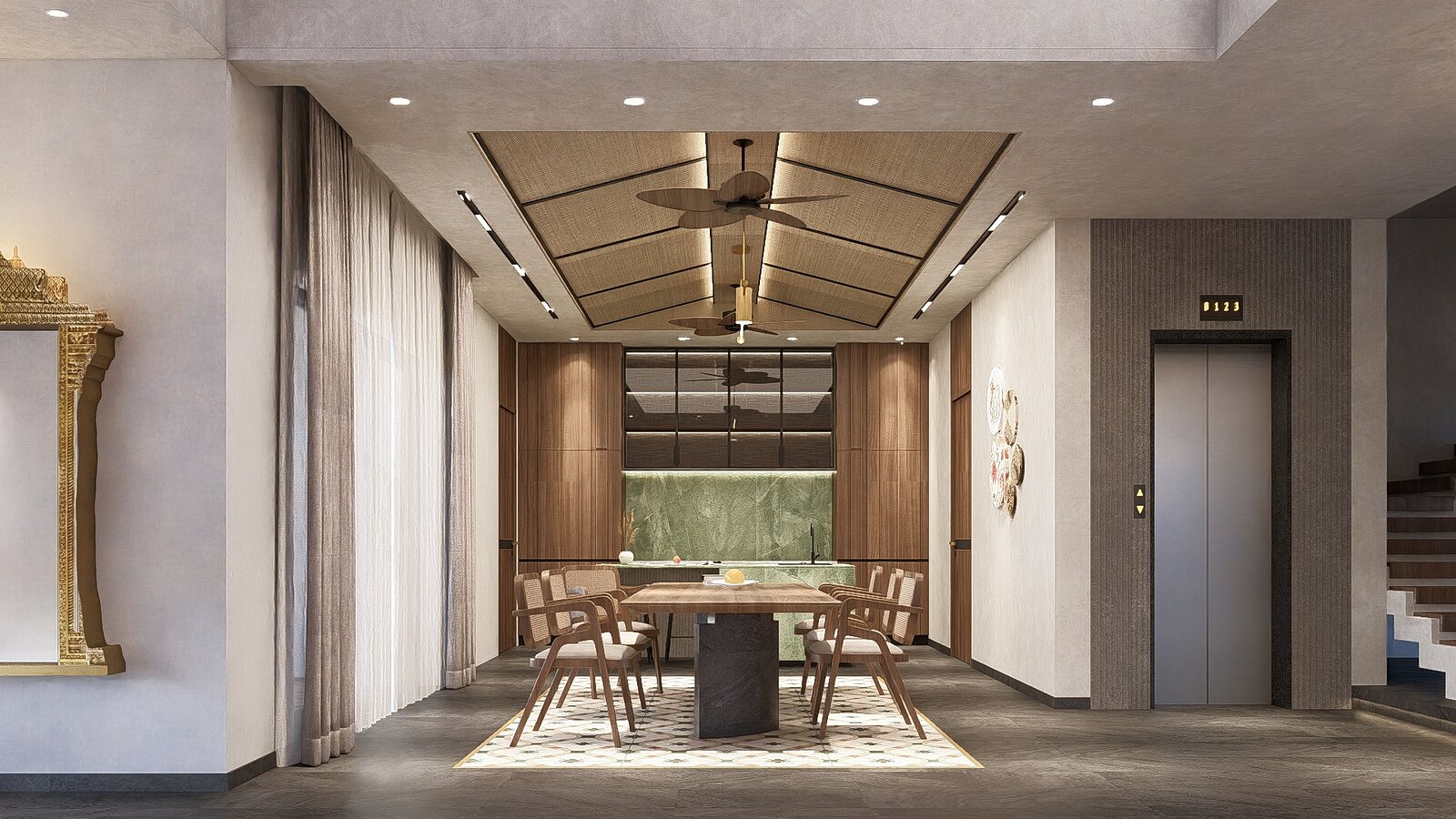 The dining hall, long under a warm ceiling.