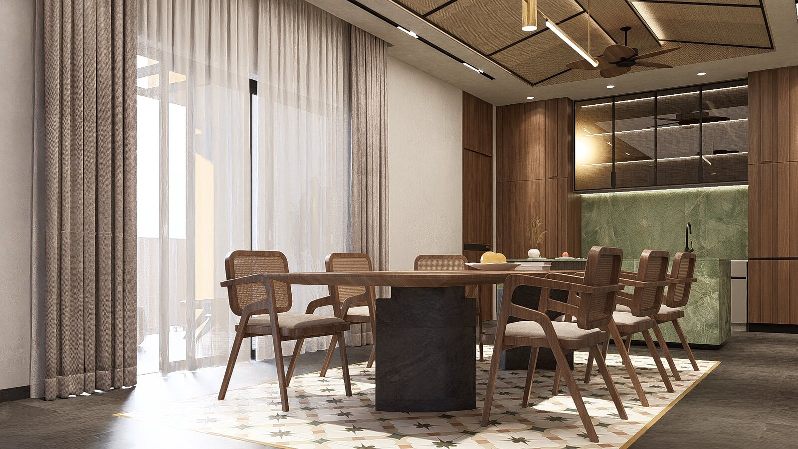 Green marble carries the length of the dining wall.