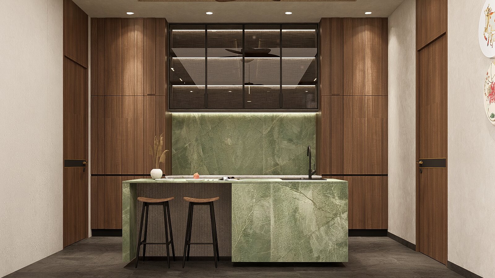 The kitchen. A green onyx island under brass.