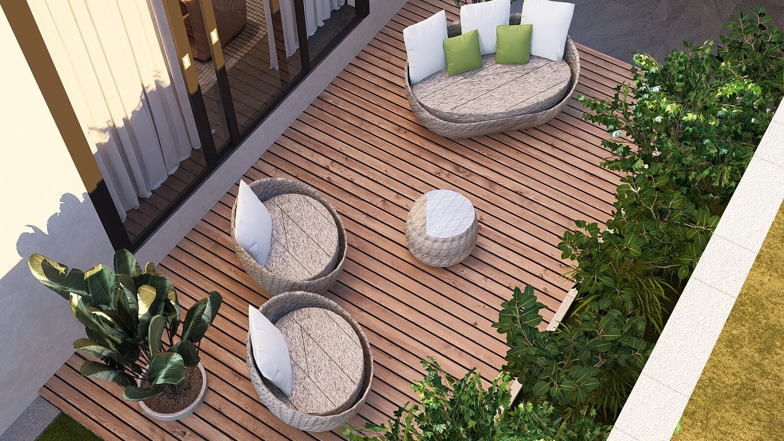 The courtyard, poufs on the timber deck.